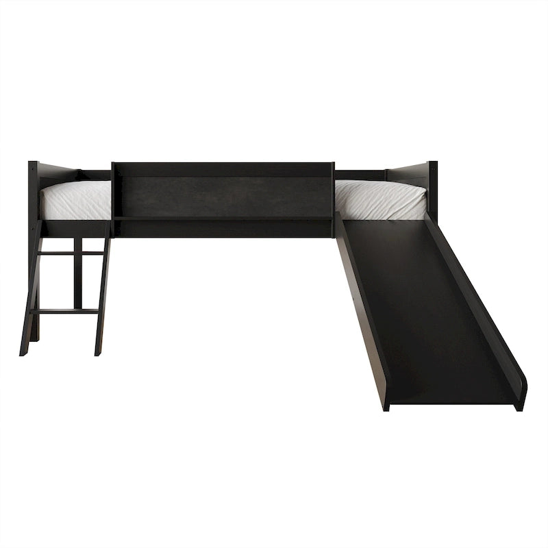 Letto a soppalco basso per bambini (letto gemello) con scivolo, scaletta e lavagna - Bianco/Nero/Grigio