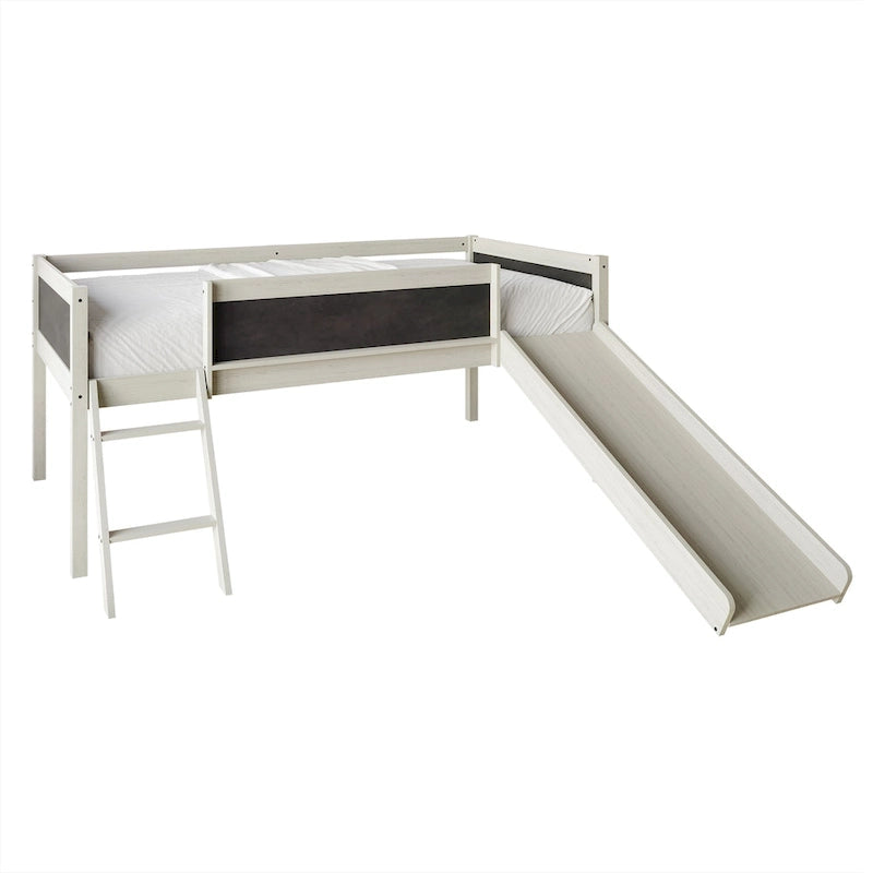 Letto a soppalco basso per bambini (letto gemello) con scivolo, scaletta e lavagna - Bianco/Nero/Grigio