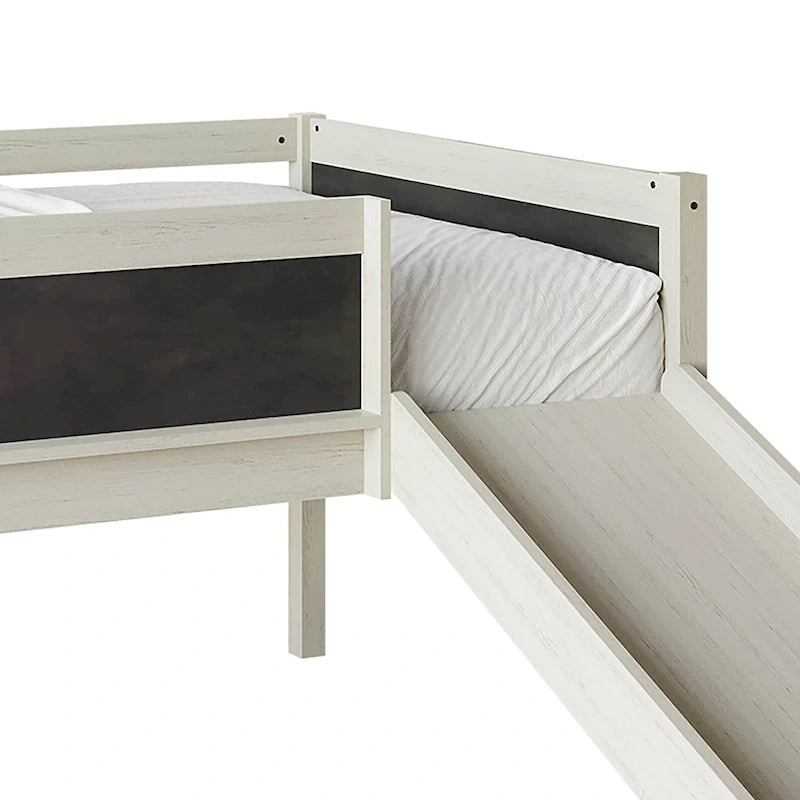 Letto a soppalco basso per bambini (letto gemello) con scivolo, scaletta e lavagna - Bianco/Nero/Grigio