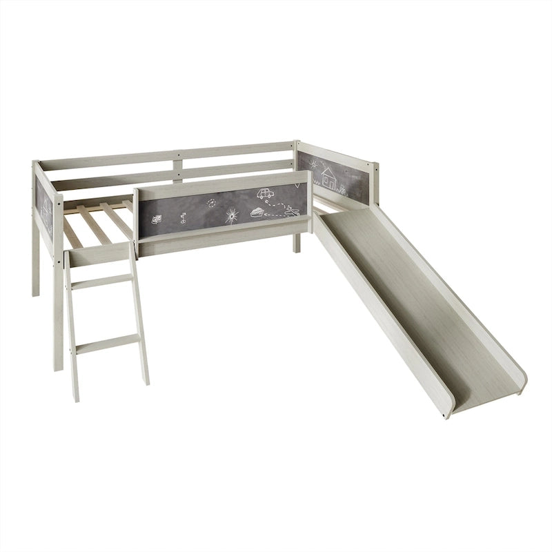 Letto a soppalco basso per bambini (letto gemello) con scivolo, scaletta e lavagna - Bianco/Nero/Grigio