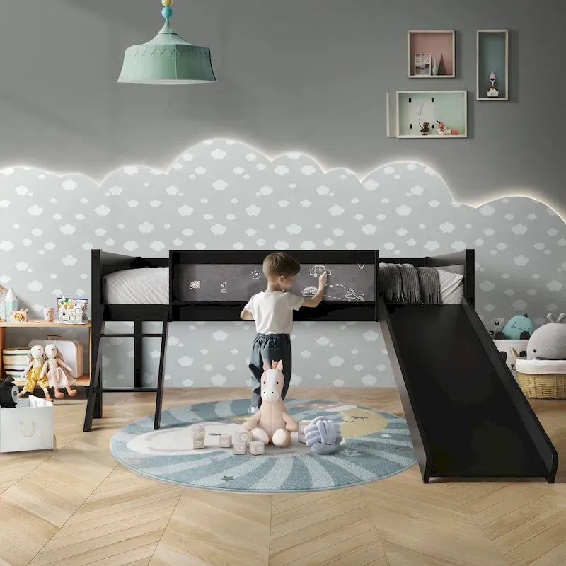 Letto a soppalco basso per bambini (letto gemello) con scivolo, scaletta e lavagna - Bianco/Nero/Grigio