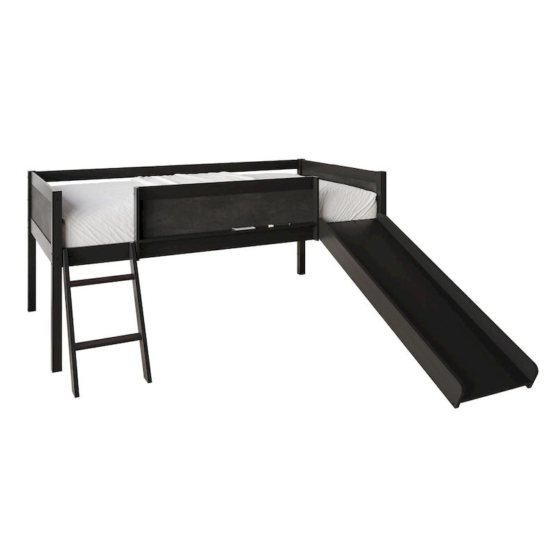 Letto a soppalco basso per bambini (letto gemello) con scivolo, scaletta e lavagna - Bianco/Nero/Grigio