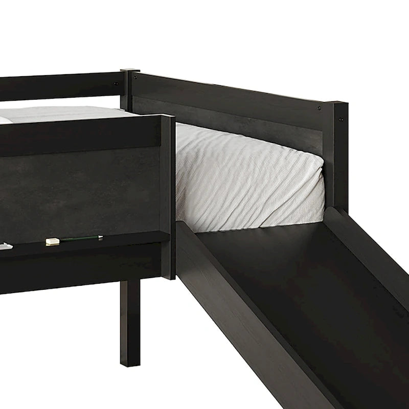 Letto a soppalco basso per bambini (letto gemello) con scivolo, scaletta e lavagna - Bianco/Nero/Grigio