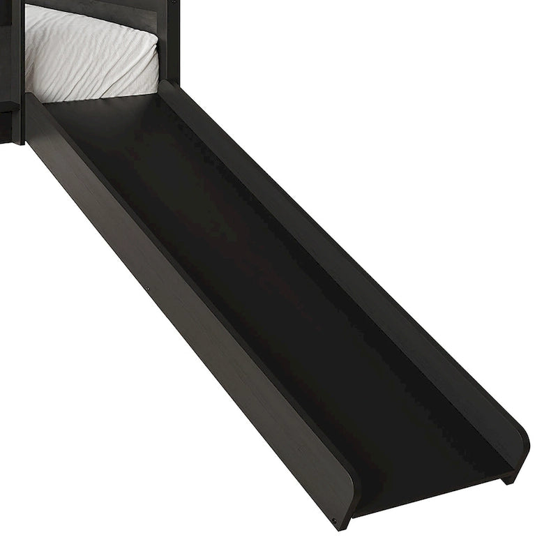 Letto a soppalco basso per bambini (letto gemello) con scivolo, scaletta e lavagna - Bianco/Nero/Grigio