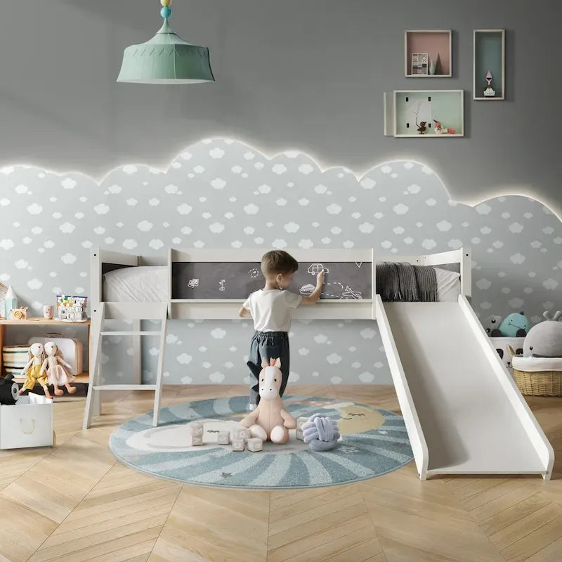 Letto a soppalco basso per bambini (letto gemello) con scivolo, scaletta e lavagna - Bianco/Nero/Grigio
