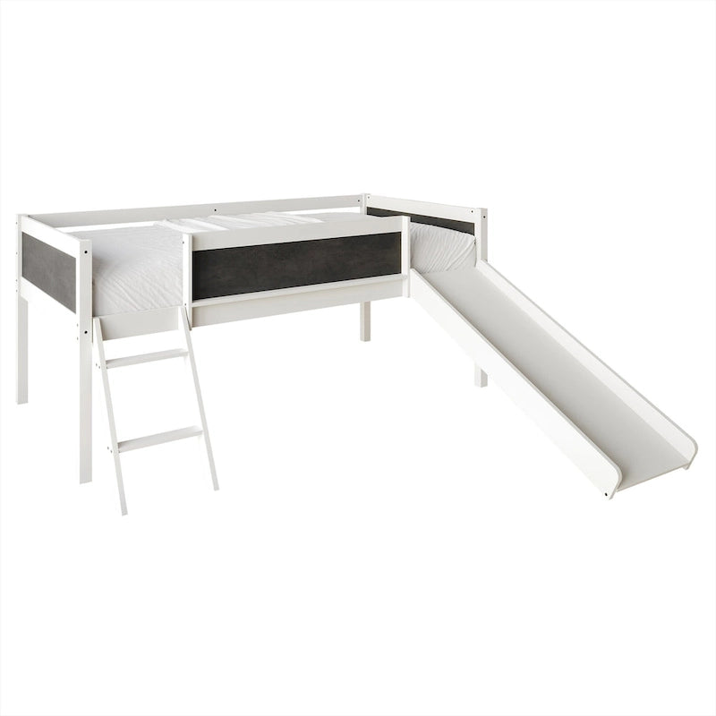 Letto a soppalco basso per bambini (letto gemello) con scivolo, scaletta e lavagna - Bianco/Nero/Grigio