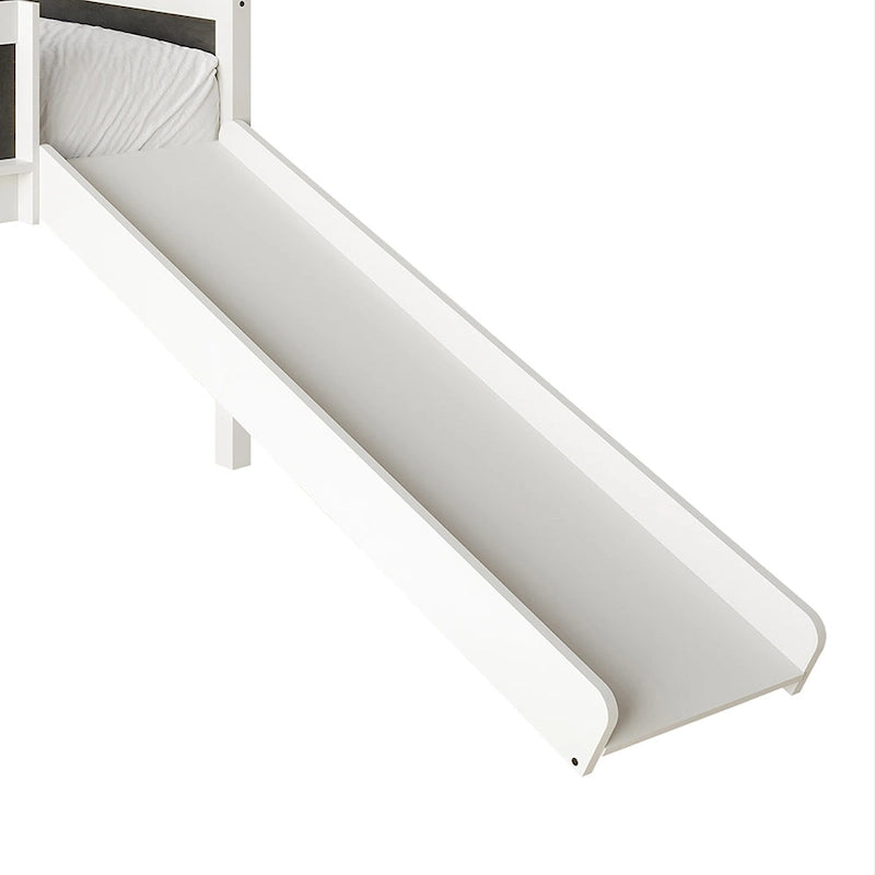 Letto a soppalco basso per bambini (letto gemello) con scivolo, scaletta e lavagna - Bianco/Nero/Grigio