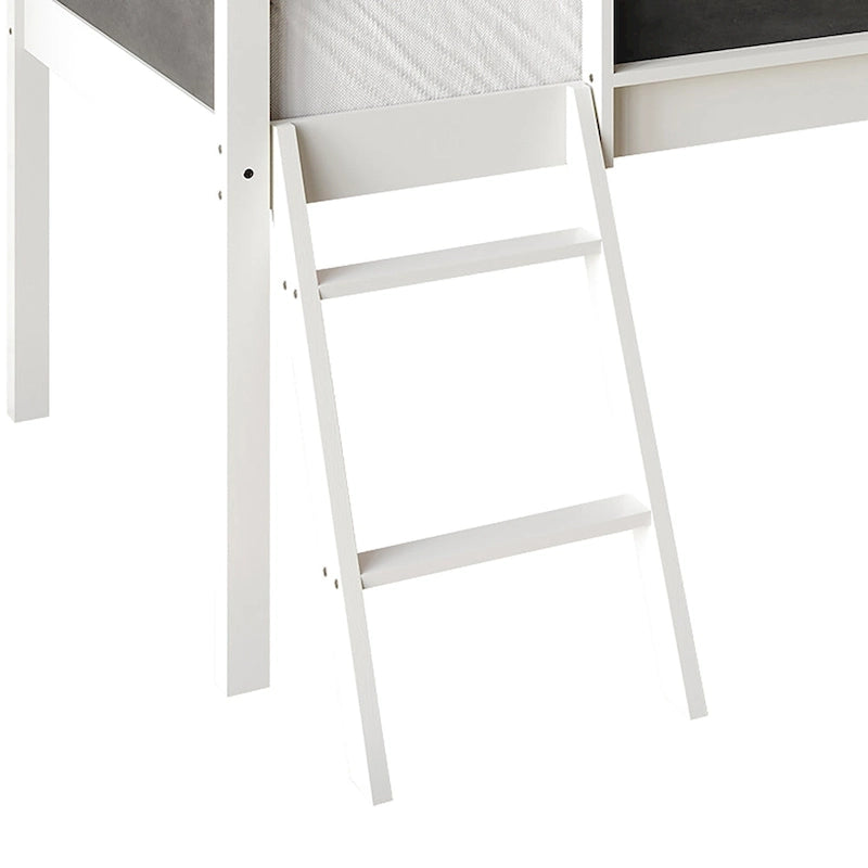 Letto a soppalco basso per bambini (letto gemello) con scivolo, scaletta e lavagna - Bianco/Nero/Grigio