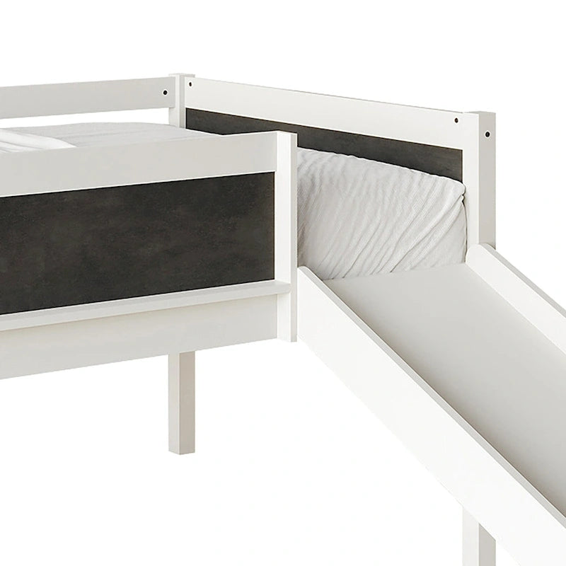 Letto a soppalco basso per bambini (letto gemello) con scivolo, scaletta e lavagna - Bianco/Nero/Grigio