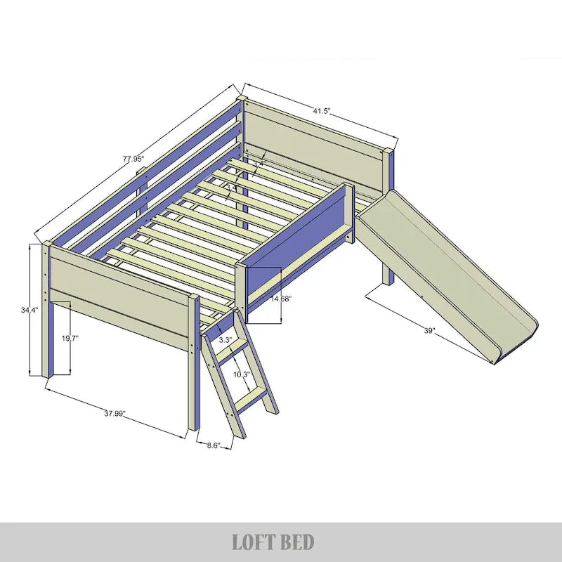 Letto a soppalco basso per bambini (letto gemello) con scivolo, scaletta e lavagna - Bianco/Nero/Grigio