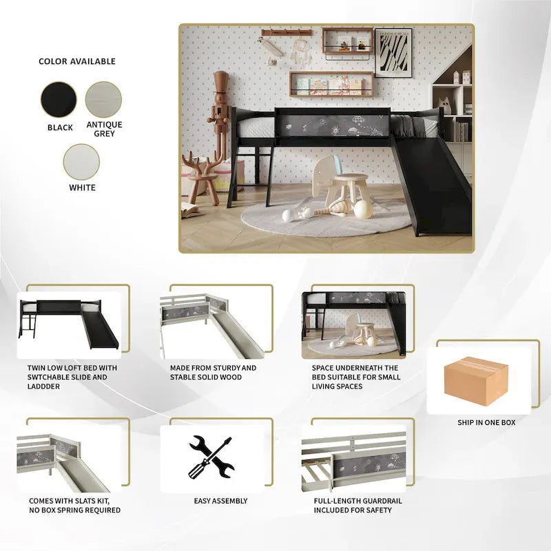 Letto a soppalco basso per bambini (letto gemello) con scivolo, scaletta e lavagna - Bianco/Nero/Grigio