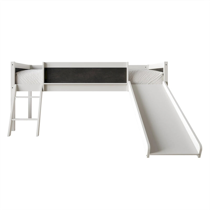 Letto a soppalco basso per bambini (letto gemello) con scivolo, scaletta e lavagna - Bianco/Nero/Grigio