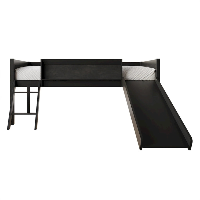 Letto a soppalco basso per bambini (letto gemello) con scivolo, scaletta e lavagna - Bianco/Nero/Grigio