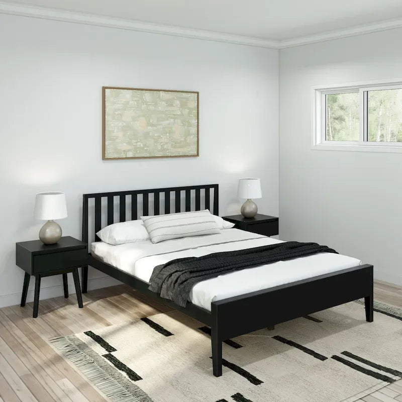Letto matrimoniale in legno massello nero/queen con testiera a doghe
