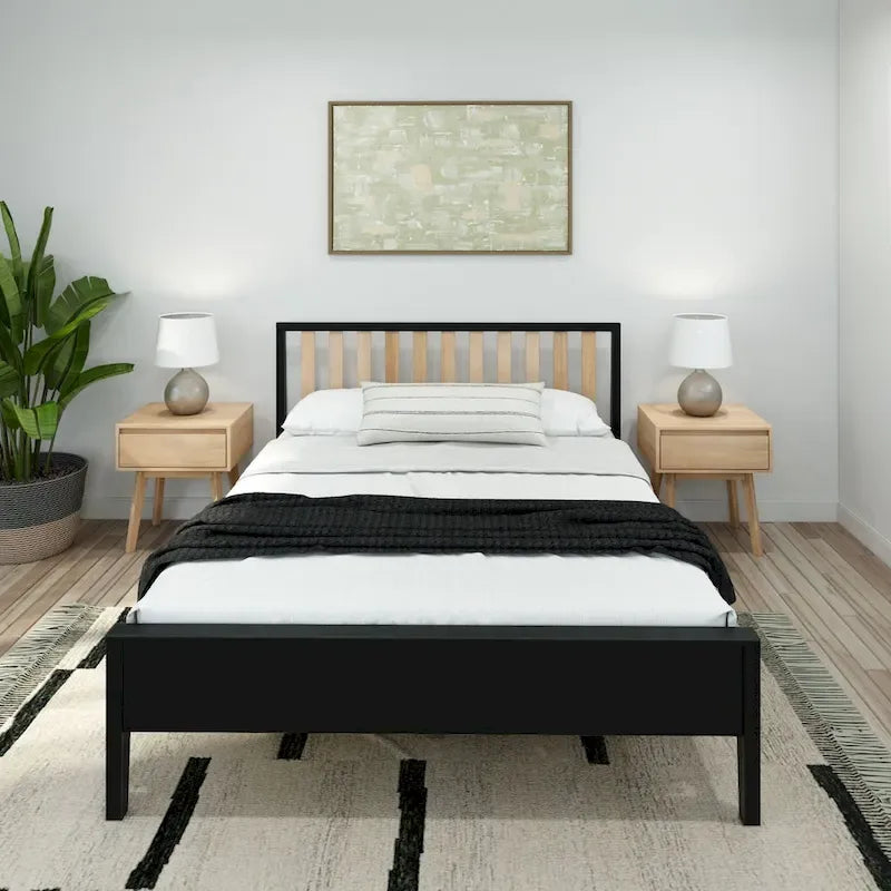 Letto matrimoniale in legno massello nero/queen con testiera a doghe