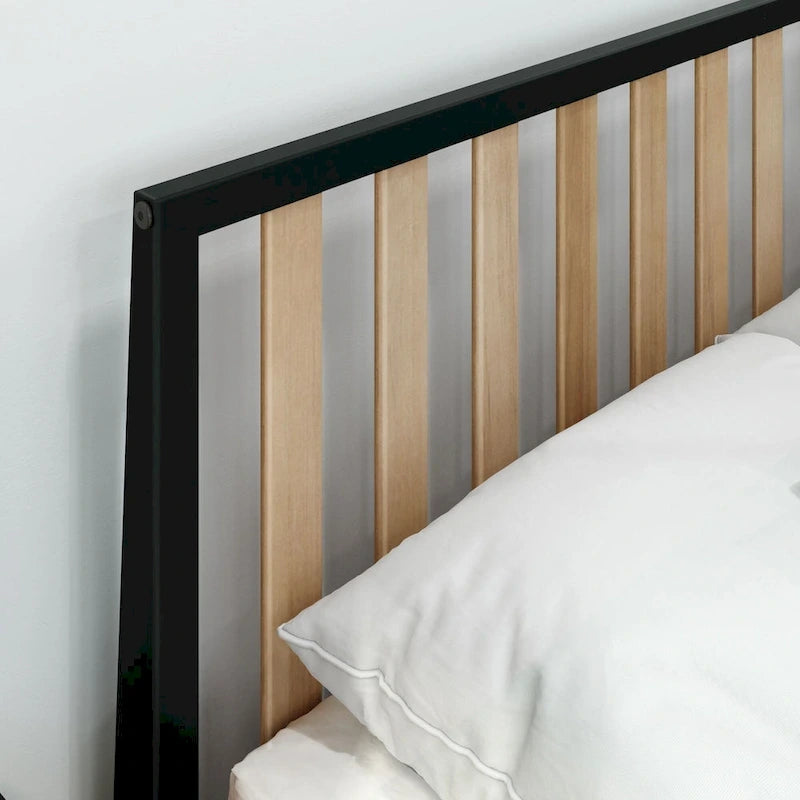 Letto matrimoniale in legno massello nero/queen con testiera a doghe