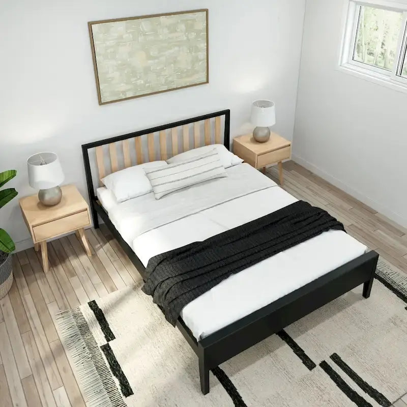 Letto matrimoniale in legno massello nero/queen con testiera a doghe