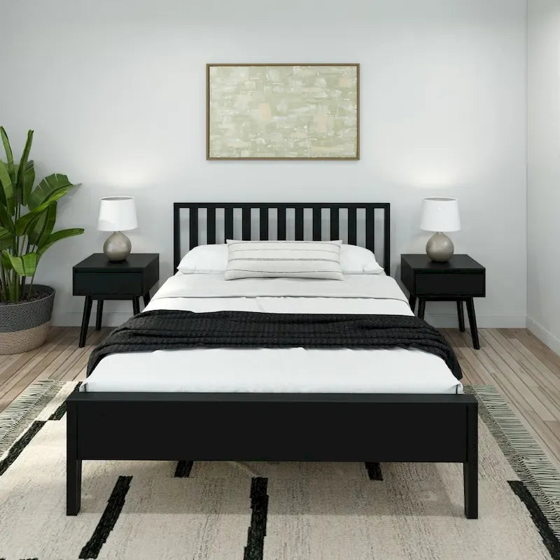 Letto matrimoniale in legno massello nero/queen con testiera a doghe