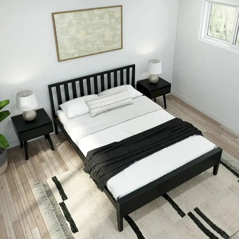 Letto matrimoniale in legno massello nero/queen con testiera a doghe