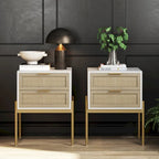 Tavolino laterale in rattan a 2 cassetti con ferramenta dorata – Bianco / Nero / Rovere, Singolo o Set da 2