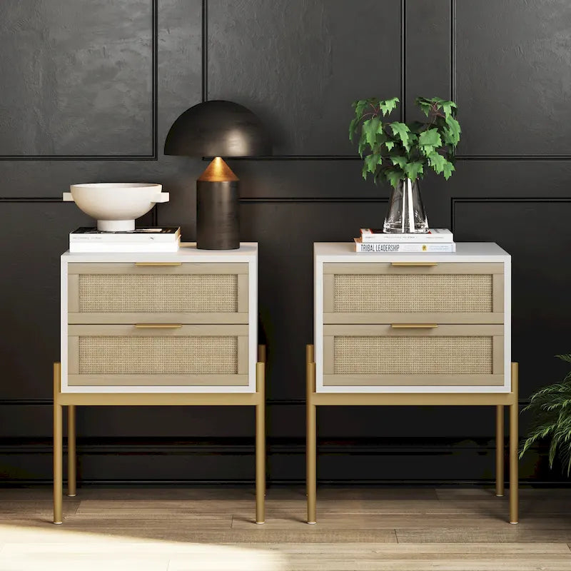 Tavolino laterale in rattan a 2 cassetti con ferramenta dorata – Bianco / Nero / Rovere, Singolo o Set da 2
