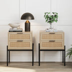 Tavolino laterale in rattan a 2 cassetti con ferramenta dorata – Bianco / Nero / Rovere, Singolo o Set da 2