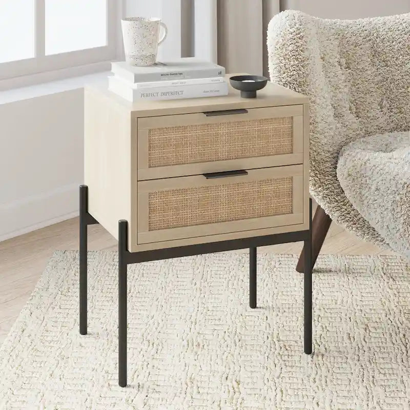 Tavolino laterale in rattan a 2 cassetti con ferramenta dorata – Bianco / Nero / Rovere, Singolo o Set da 2