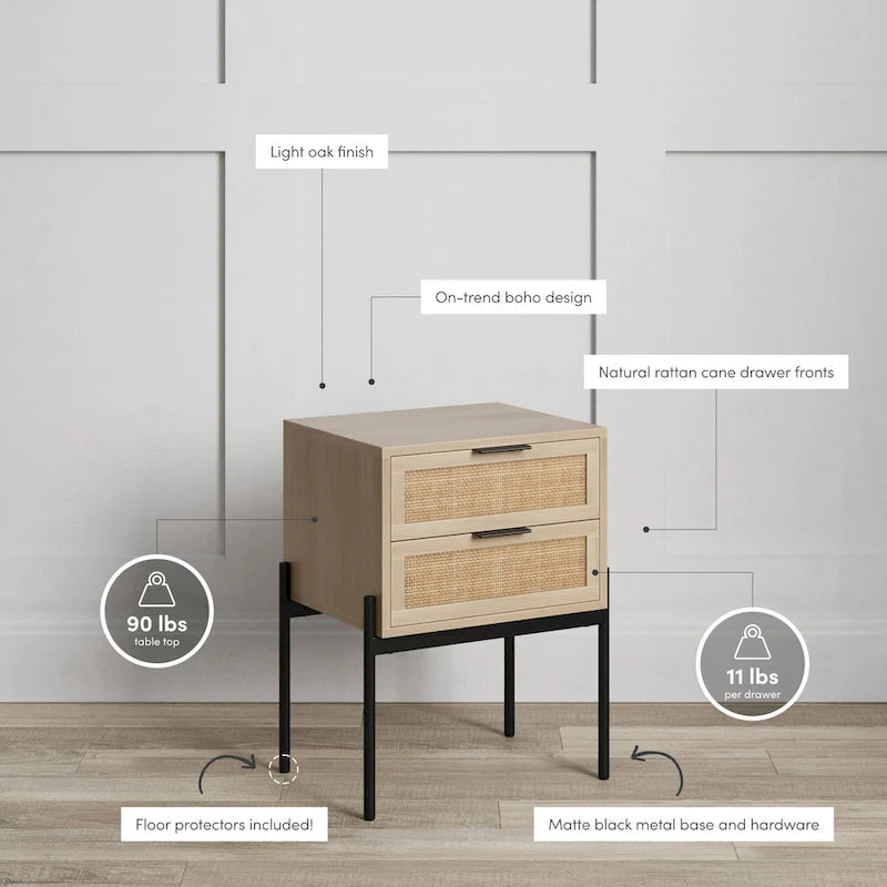 Tavolino laterale in rattan a 2 cassetti con ferramenta dorata – Bianco / Nero / Rovere, Singolo o Set da 2