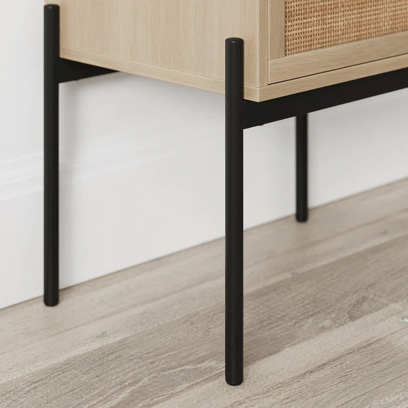 Tavolino laterale in rattan a 2 cassetti con ferramenta dorata – Bianco / Nero / Rovere, Singolo o Set da 2
