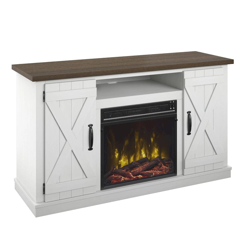 Mobile TV da fattoria con camino elettrico, colore bianco/legno invecchiato, adatto a TV fino a 55"