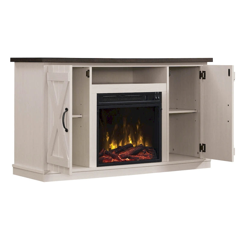 Mobile TV da fattoria con camino elettrico, colore bianco/legno invecchiato, adatto a TV fino a 55"