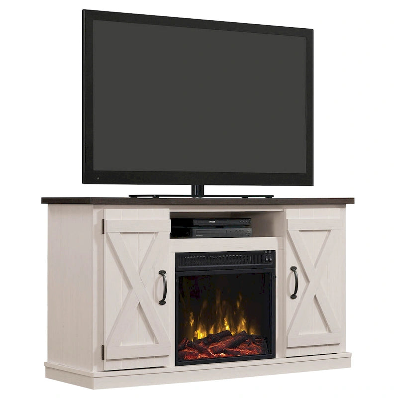 Mobile TV da fattoria con camino elettrico, colore bianco/legno invecchiato, adatto a TV fino a 55"
