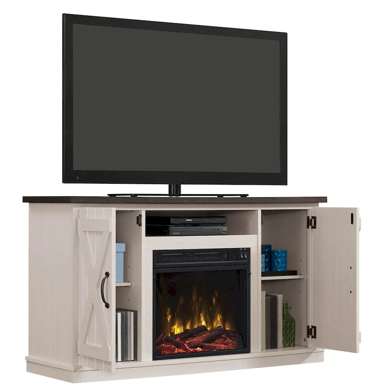 Mobile TV da fattoria con camino elettrico, colore bianco/legno invecchiato, adatto a TV fino a 55"