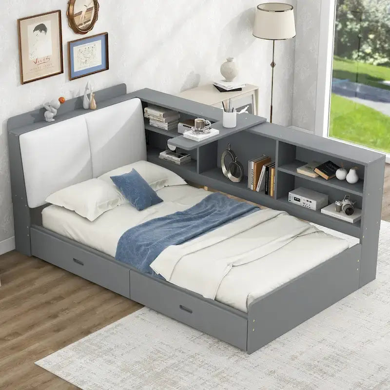 Letto a piattaforma singolo grigio con testiera contenitore, ripiani e 2 cassetti, per 1