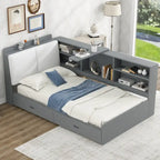 Letto a piattaforma singolo grigio con testiera contenitore, ripiani e 2 cassetti, per 1