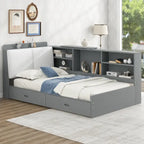 Letto a piattaforma singolo grigio con testiera contenitore, ripiani e 2 cassetti, per 1