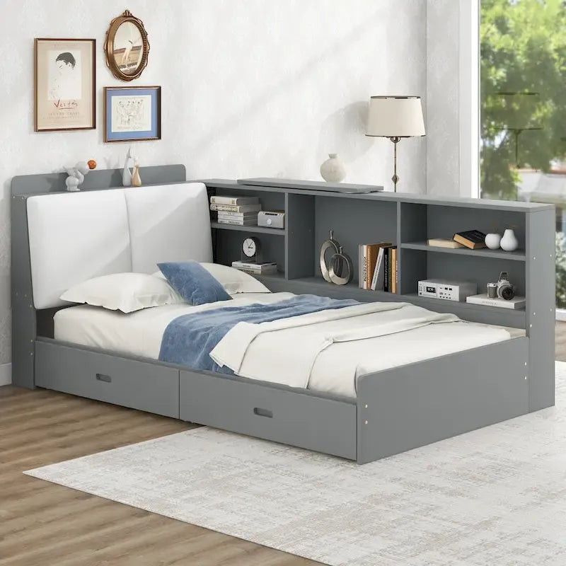 Letto a piattaforma singolo grigio con testiera contenitore, ripiani e 2 cassetti, per 1