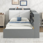 Letto a piattaforma singolo grigio con testiera contenitore, ripiani e 2 cassetti, per 1