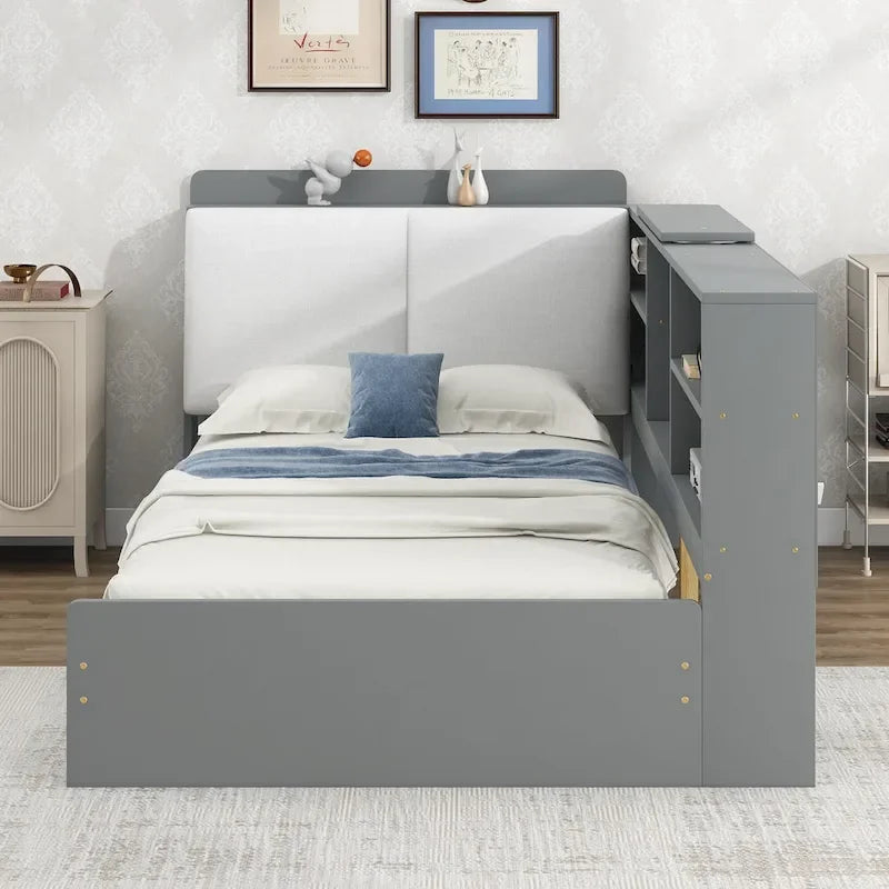 Letto a piattaforma singolo grigio con testiera contenitore, ripiani e 2 cassetti, per 1