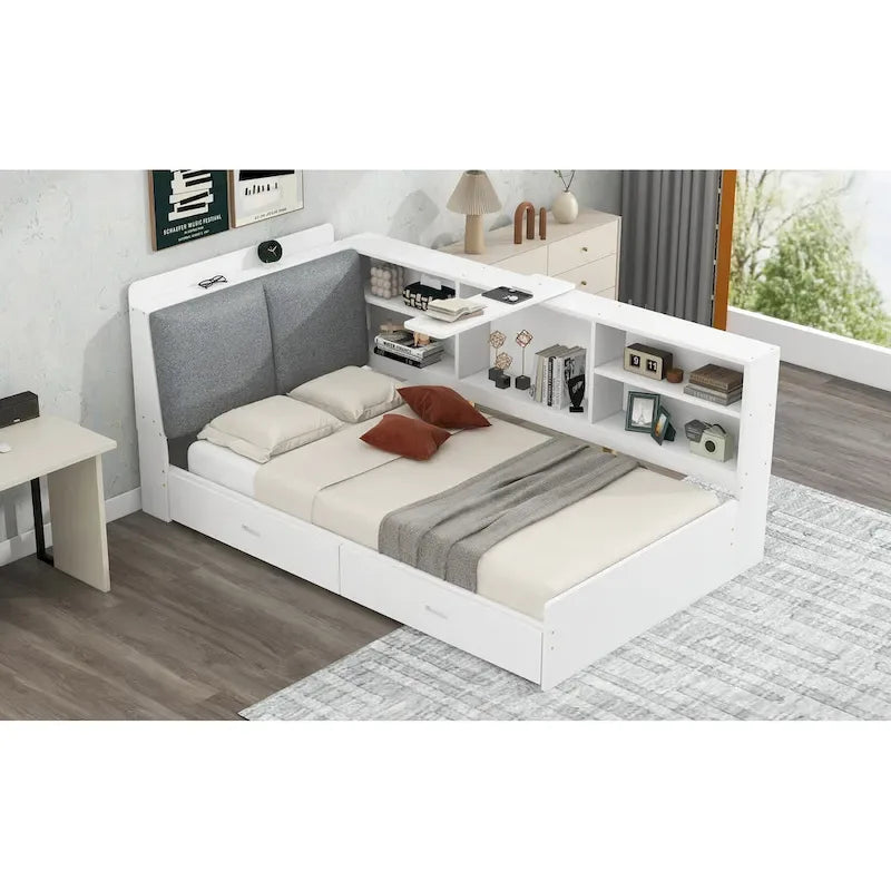 Letto a piattaforma singolo grigio con testiera contenitore, ripiani e 2 cassetti, per 1