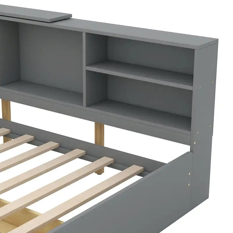 Letto a piattaforma singolo grigio con testiera contenitore, ripiani e 2 cassetti, per 1