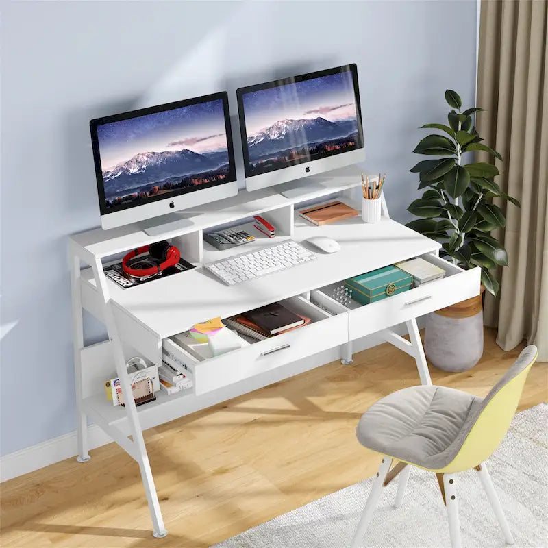 Scrivania Bianca per Computer Monoposto con Rialzo Monitor, Cassetti e Scaffale