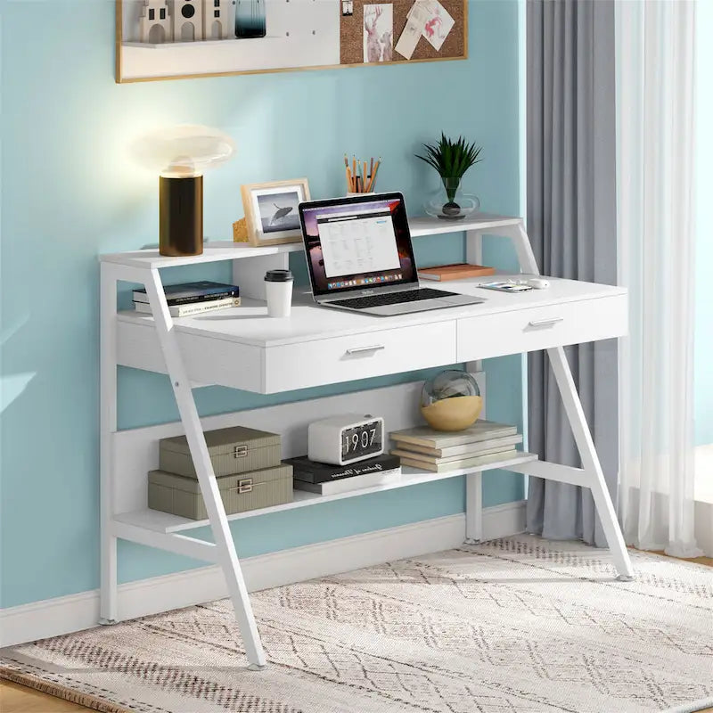 Scrivania Bianca per Computer Monoposto con Rialzo Monitor, Cassetti e Scaffale