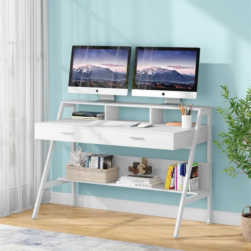 Scrivania Bianca per Computer Monoposto con Rialzo Monitor, Cassetti e Scaffale