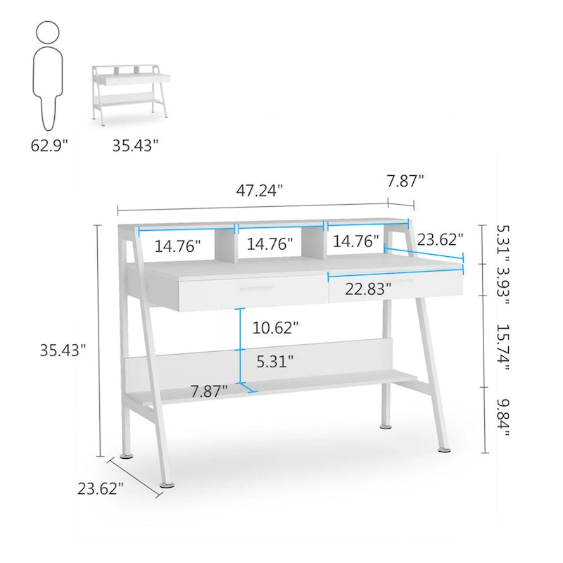 Scrivania Bianca per Computer Monoposto con Rialzo Monitor, Cassetti e Scaffale