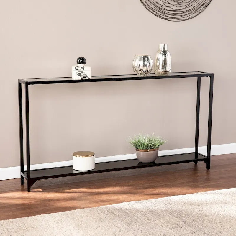 Consolle stretta in metallo argento/nero con piano in vetro, disponibile in 2 colori