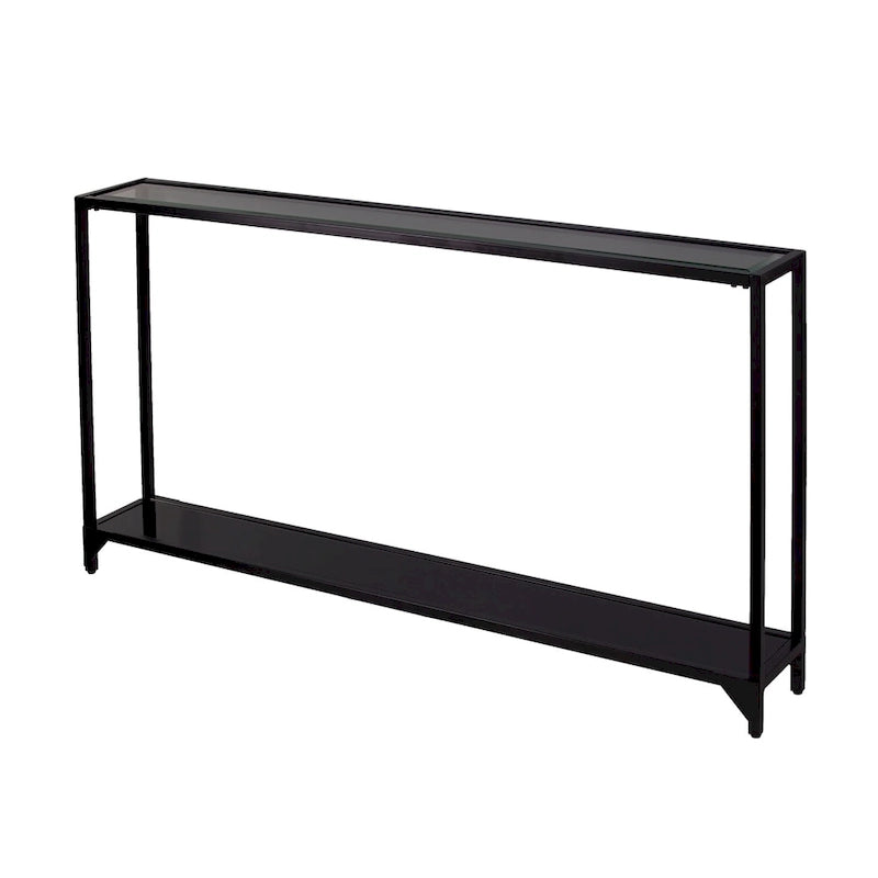 Consolle stretta in metallo argento/nero con piano in vetro, disponibile in 2 colori