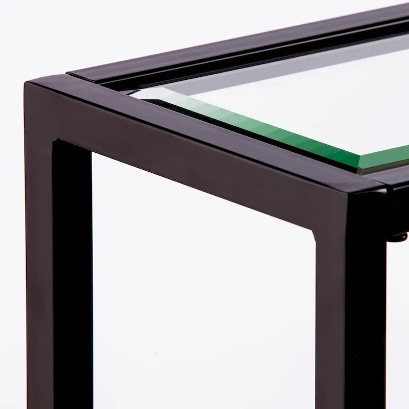 Consolle stretta in metallo argento/nero con piano in vetro, disponibile in 2 colori