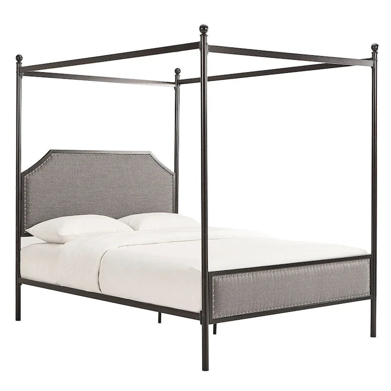 Letto Queen Size con Struttura in Metallo Grigio e Nero – Rivestito in Lino, con Borchie Argento