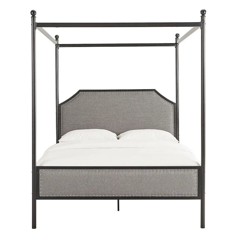 Letto Queen Size con Struttura in Metallo Grigio e Nero – Rivestito in Lino, con Borchie Argento